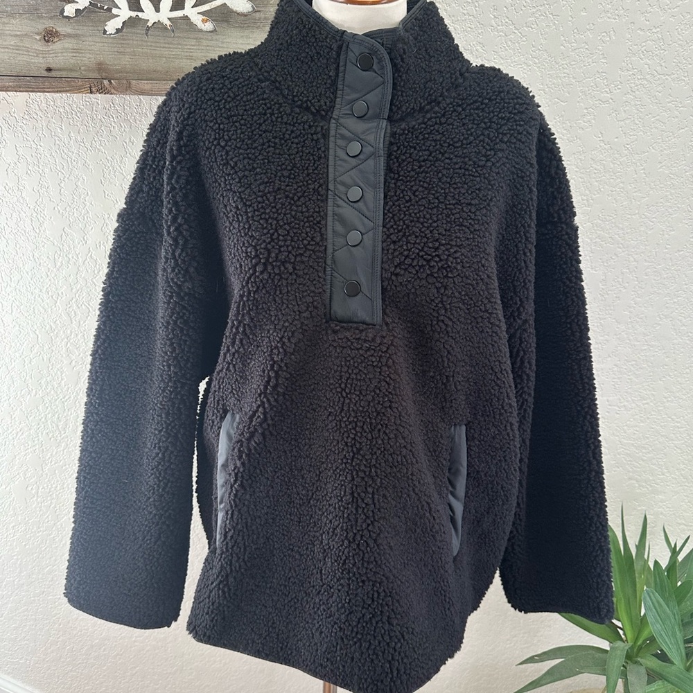 Athleta Cozy Sherpa Snap Black Fleece Pullover Sweatshirt Ladies‎ XL NWT